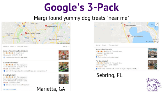 Google's 3-Pack Dog Treats Near Me search